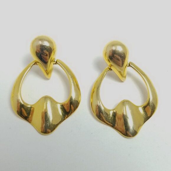 Vintage Gold Tone Door Knocker Style Stud Dangle Earrings, Classic Retro Design - Picture 7 of 7